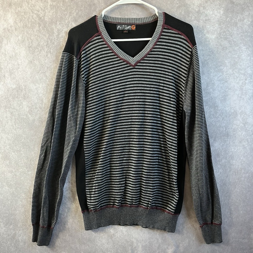G by Guess Sweater Mens Large Black Gray Striped V-Neck Colorblock Knit